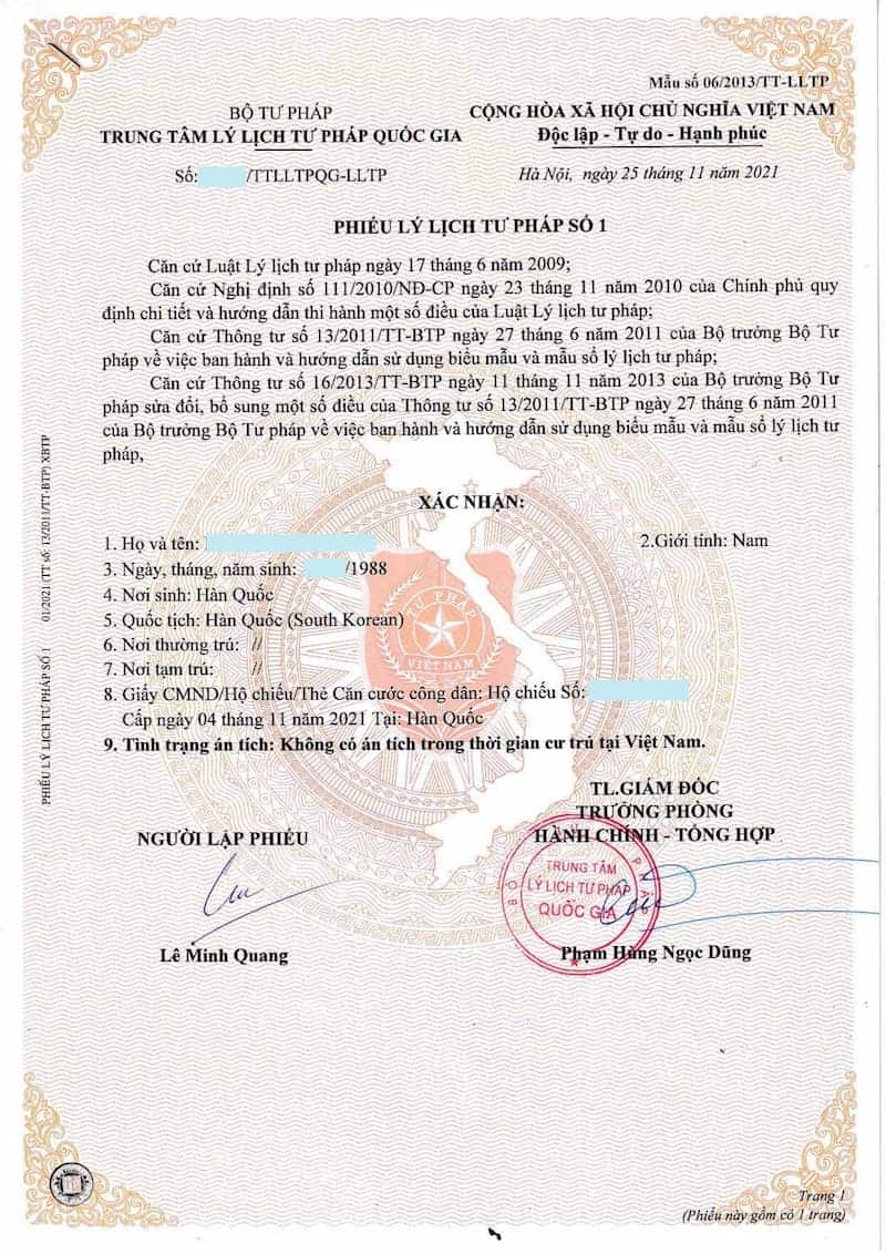 Mẫu Phiếu Lý lịch tư pháp số 1