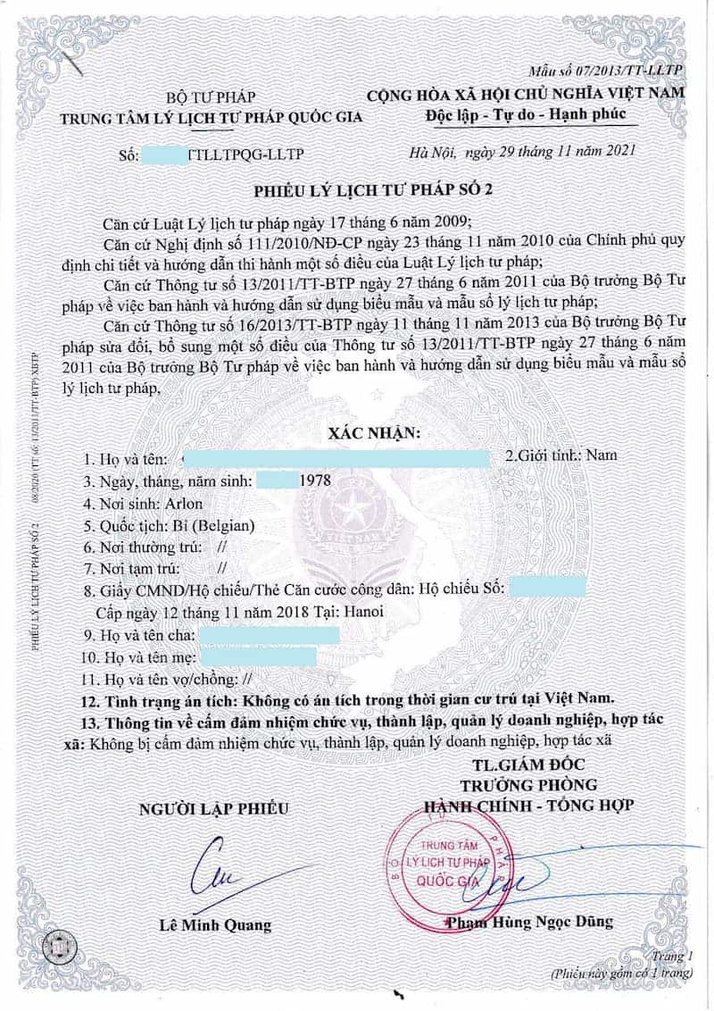 Mẫu Phiếu Lý lịch tư pháp số 2